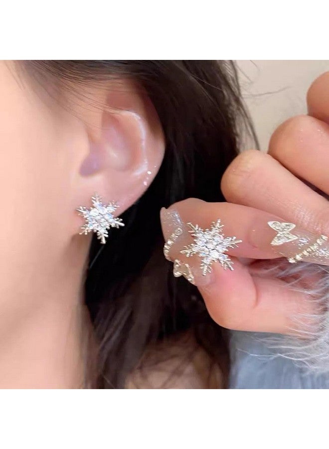 SELOVO Winter Snowflake Cubic Zirconia Stud Clip On Earrings Silver Tone - Image 4