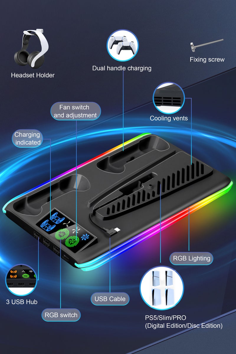 Xkimos PS5 Stand Cooling Station with Dual Controller Charger Cooling Fan RGB LED USB Hub Compatible with PS5 PS5 Slim PS5 Pro Black for Gaming Setup Daily Use - Image 5