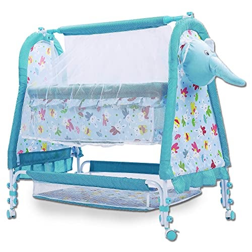 KIDBITKART Plastic Baby Cozy Cradle New Born Baby Sleep Swing Cradle/Jhula/Palna/Bed/Baby Bedding With Mosquito Protection Net,Cradle For 0-13 Months Baby Boys & Girls(Elephant Face Blue),Adjustable - Image 1
