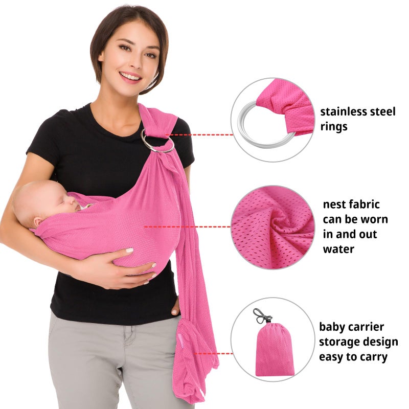 CUBY Water Baby Sling Carrier Lightweight Breathable Mesh Baby Wraps Carrier Adjustable Ring Sling Quick-Drying Baby Carriers Sling for Newborn Toddler Summer Swimming Pool Beach (Pink) - Image 2