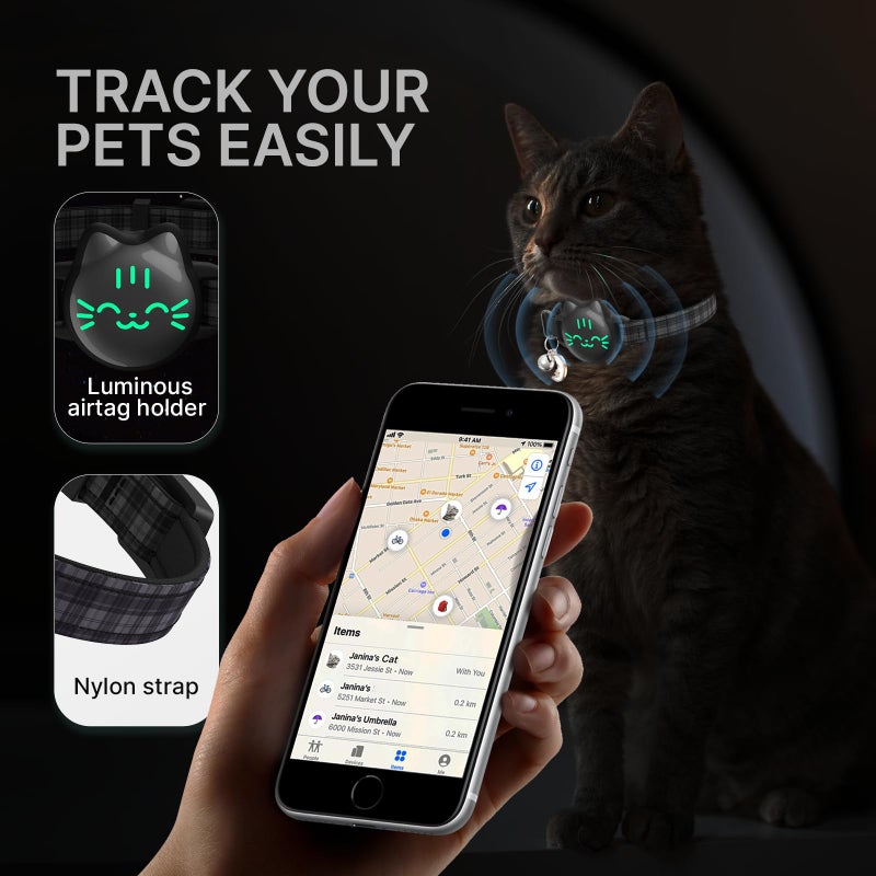 typecase Waterproof Airtag Cat Collar, Breakaway Cat Airtag Collar with Luminous & Reflective Fish Pattern, Lightweight Kitten Collars for Apple Air tag, Hidden GPS Tracker Holder for Cats, Kittens(9-13") - Image 1