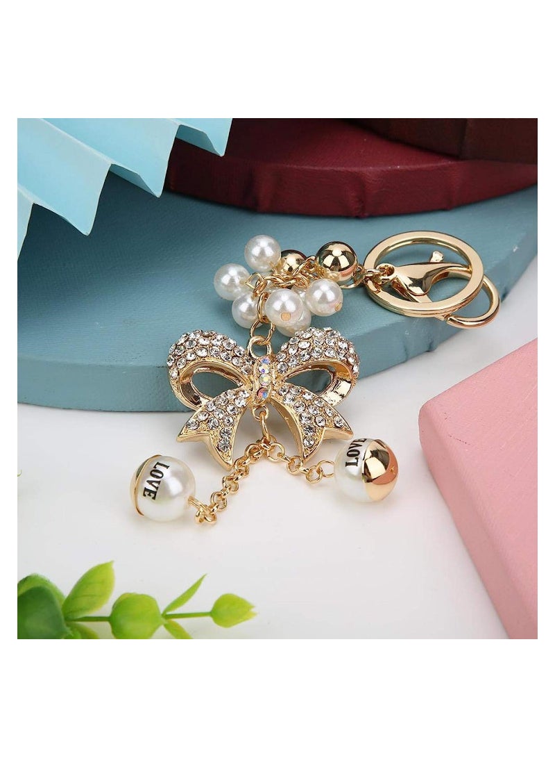 SOLARAE Rhinestone Bowknot Keychain,  Pearl Key Ring Charm Pendant Hanging Decoration for Women Girl, Wallets Backpack Bow Keyring Sparkle Keychain, Metal Exquisite Pearl Rhinestone, 2PCS - Image 4