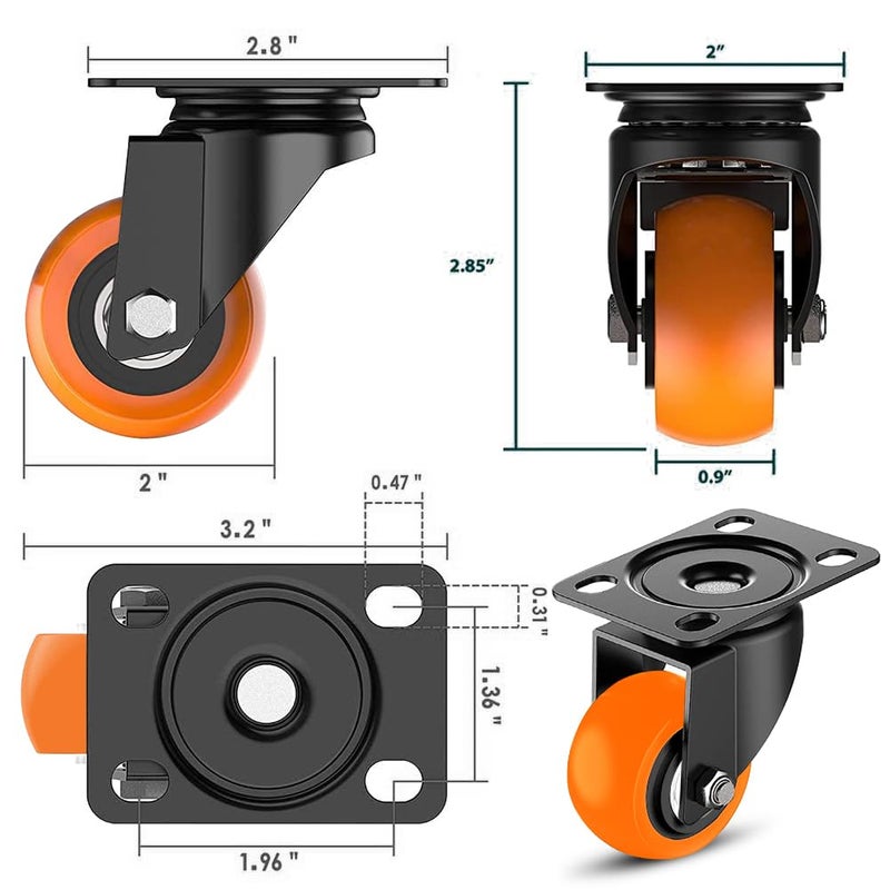 Hepiack Pack 2 Heavy Duty Caster Wheels Soft Rubber Swivel Caster with 360 Degree 2 with Brakes 2 Without 2 Inch Orange - Image 4