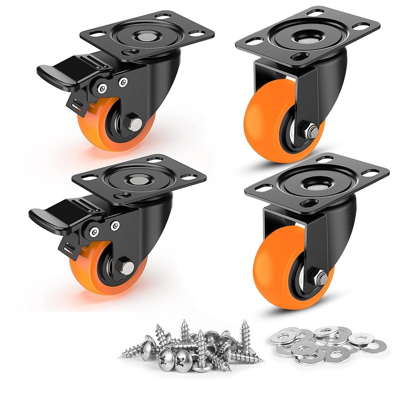 Hepiack Pack 2 Heavy Duty Caster Wheels Soft Rubber Swivel Caster with 360 Degree 2 with Brakes 2 Without 2 Inch Orange - Image 1