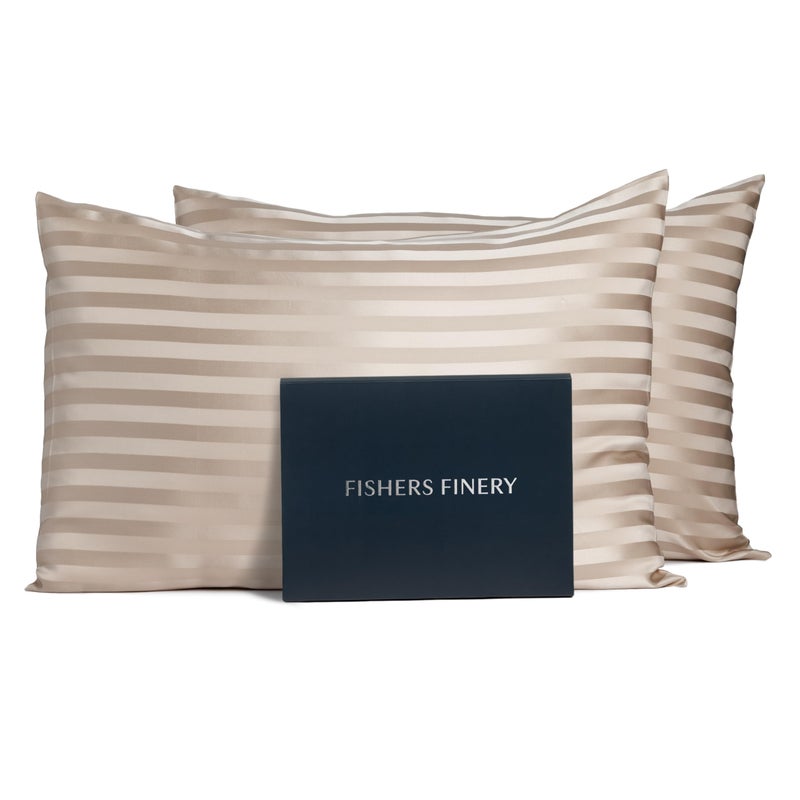Fishers Finery 25mm 100% Pure Mulberry Silk Pillowcase Set  Good Housekeeping Winner (Taupe Stripe  King 2 Pack) - Image 1