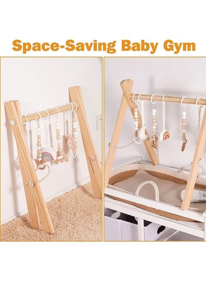 XiuWoo Baby Play Gym Wooden Baby Gym with 6 Toys Foldable Play Gym Frame Activity Gym Hanging Bar Baby Toy - Image 3