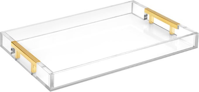 MODERN 16X12 RECTANGLE ACRYLIC LUCITE PLASTIC DECORATIVE SERVING TRAY WITH GOLD POLISHED STAINLESS STEEL METAL HANDLES HOME DECOR OTTOMAN COFFEE TABLE MAKEUP PERFUME DISPLAY VANITY BY