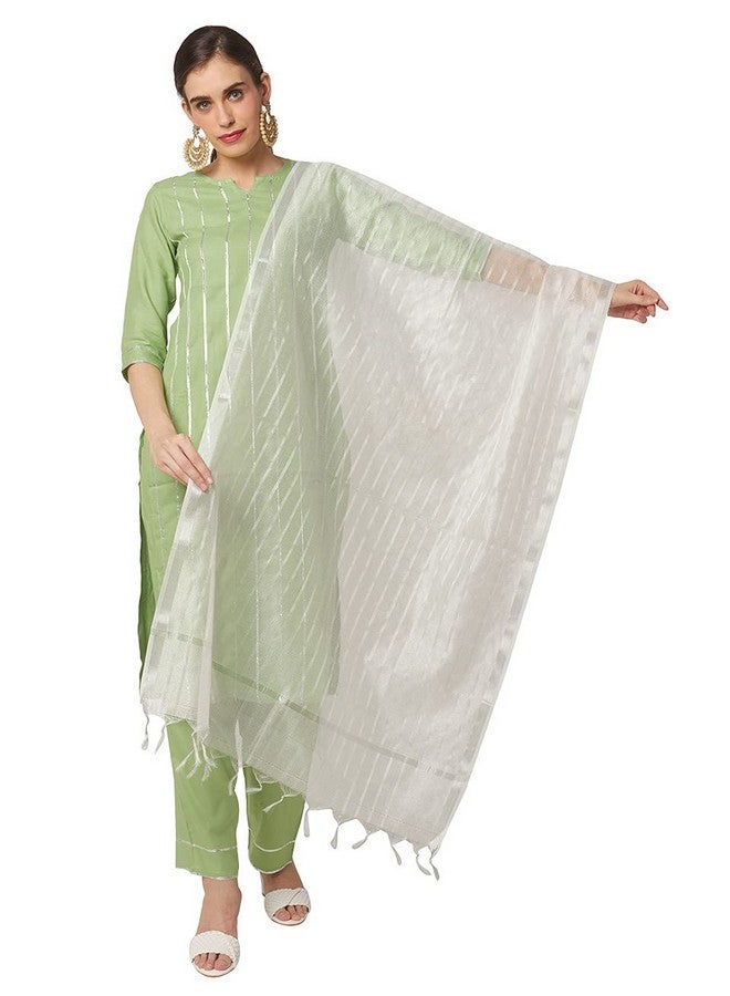 DUPATTA BAZAAR Women's Blended White Silk Dupatta with Silver Stripes.  - Image 3