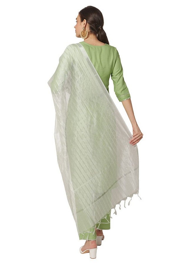 DUPATTA BAZAAR Women's Blended White Silk Dupatta with Silver Stripes.  - Image 5