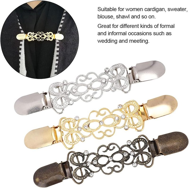 klarako Cardigan Clip,Cardigan Clip Brooch 3pcs Hollow Flower Pattern Sweater Clips Brooch for Women Cardigans Clothing, Shawl Clip for Women Girls Vintage Sweater Shawl Clips Retro Cardigan Collar Clip - Image 3