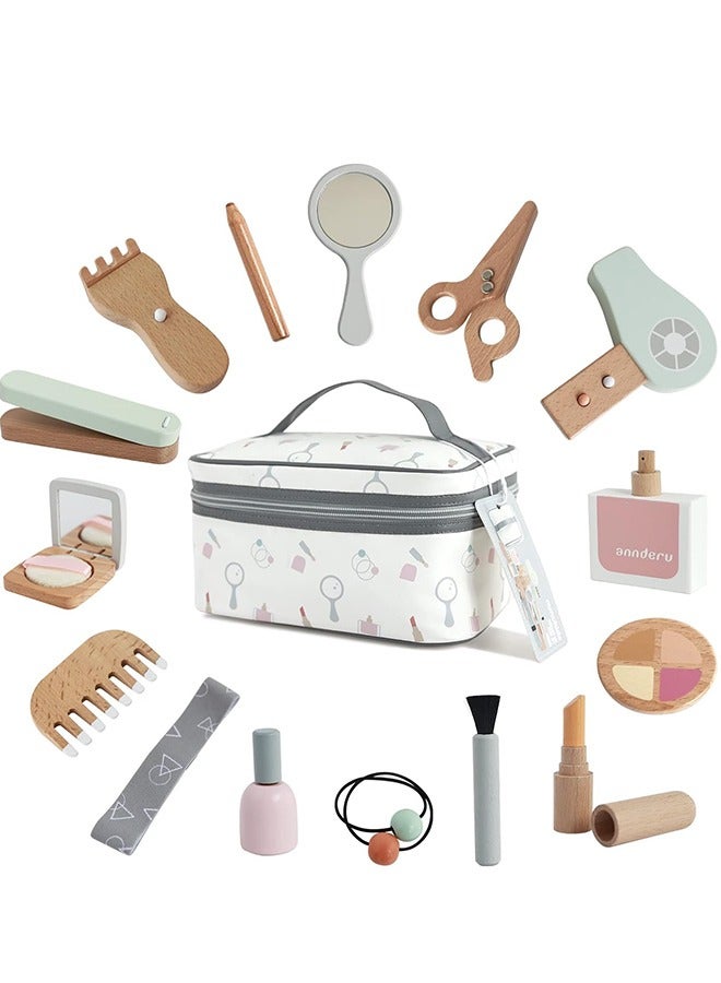 Beauenty wooden makeup toy set pretend wood beauty salon toys toddler wooden makeup kit for girls 16pc - Image 1