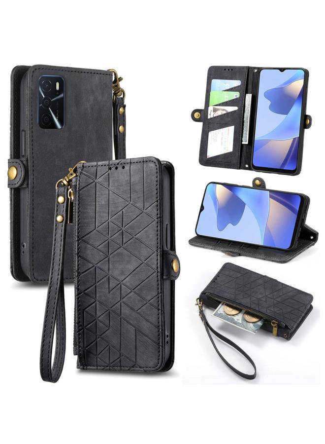 اس-توب جراب هاتف OPPO A16 بتصميم هندسي مع سحاب ومشبك جانبي من الجلد - Image 1