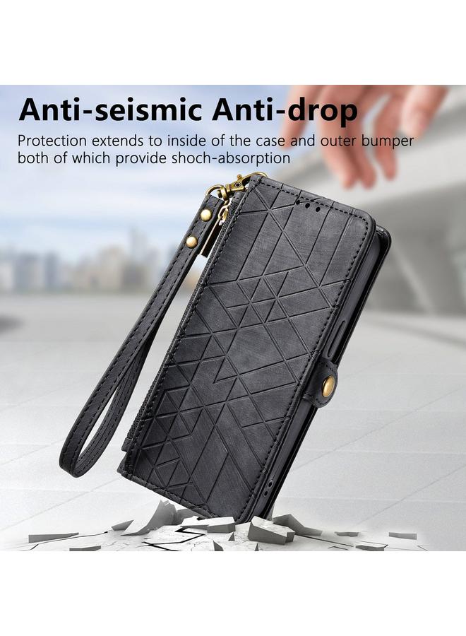 اس-توب جراب هاتف OPPO A16 بتصميم هندسي مع سحاب ومشبك جانبي من الجلد - Image 5