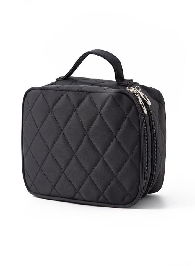 Double Layer Makeup Bag with Strap, Large Cosmetic Case for Women, Make Up Organizer for Brushes, Beauty, Eyeshadow Palette, Lipstick, Black - Image 1