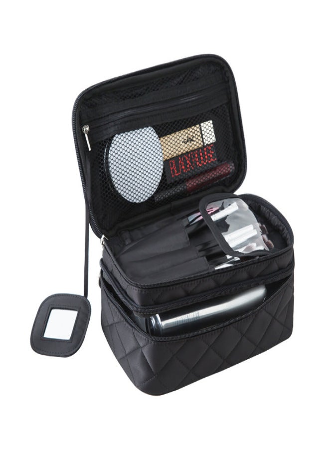 Double Layer Makeup Bag with Strap, Large Cosmetic Case for Women, Make Up Organizer for Brushes, Beauty, Eyeshadow Palette, Lipstick, Black - Image 2