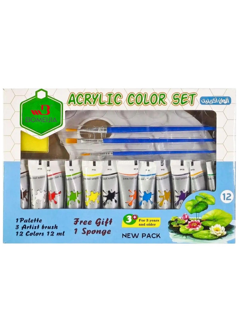 bomeijia BOMEIJIA Acrylic Paint Set – 12 Premium Acrylic Paint Tubes (12ml) with 3 Brushes & Palette And Sponge– Vibrant, Non-Toxic Pigments for Canvas, Glass, Plastic, Rocks, Arts and Crafts  - Image 1