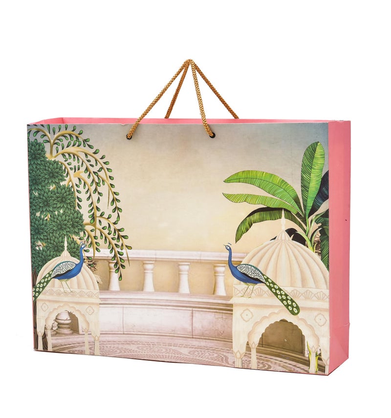 PPJ ® - WEDDING MAHAL PEACOCK PINK (30 Pcs.) PAPER CARRY BAG, 17 Inch X 13 Inch X 4 Inch - DIWALI/WEDDING/FUNCTION/BIRTHDAY/RETURN GIFTS/CHRISTMAS/GIFT BAGS/GIFT COVERS - Image 1