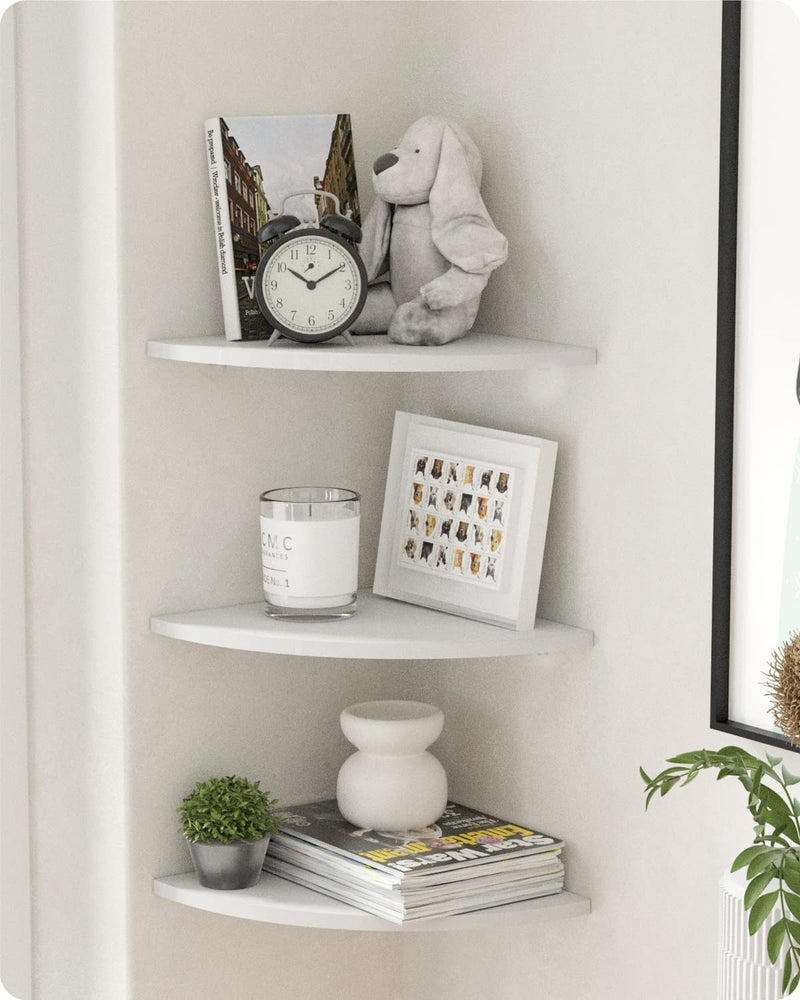 DDS Dream Decor Shoppee Wooden Corner Floating Shelves, 3 Tiers Small Beautiful Wall Mounted Corner Shelves Engineered Wood Board Display Decoration Storage Shelf for Living Room Bedroom (White) - Image 1