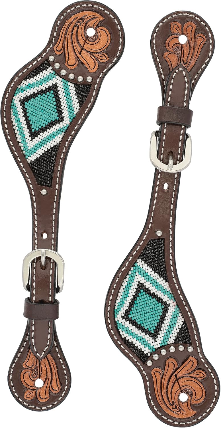 Turquoise Diamond Beaded Horse Headstall, Leather Headstalls for Horses for Trail Riding, Durable Equine Supplies, Dark Oil