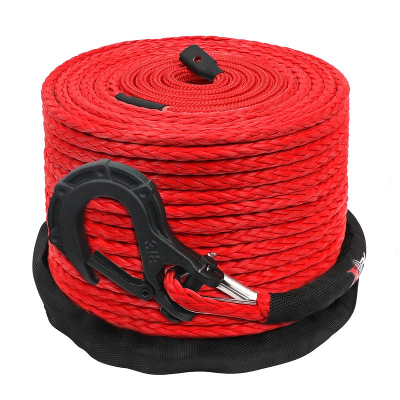 XPV AUTO XPV 3/8" x 100ft Synthetic Winch Rope 23,809lbs Dyneema Winch Line Cable Rope with Hook and Sleeve Protection Red - Image 1
