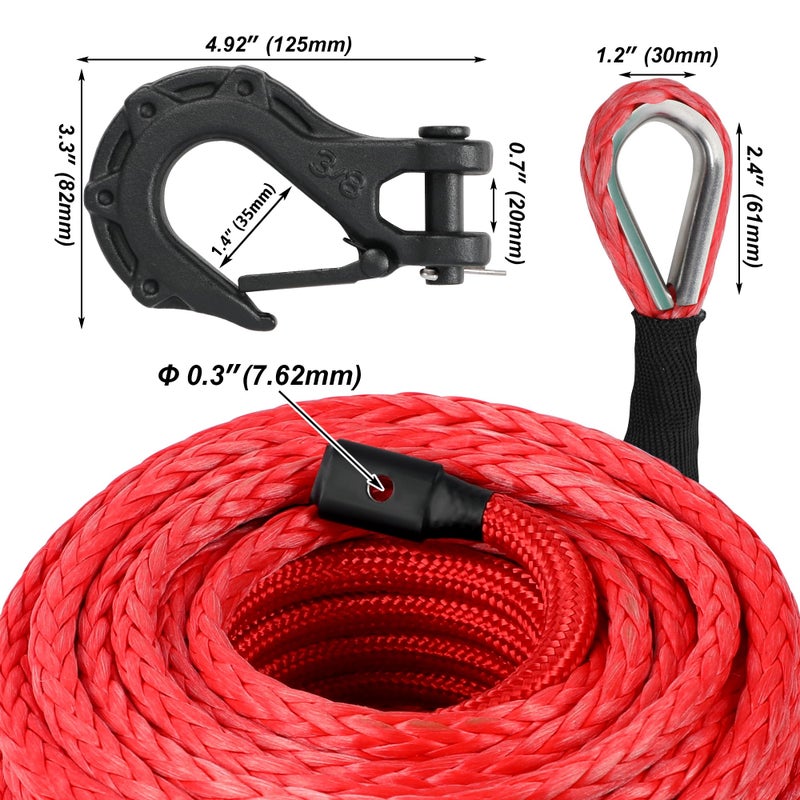 XPV AUTO XPV 3/8" x 100ft Synthetic Winch Rope 23,809lbs Dyneema Winch Line Cable Rope with Hook and Sleeve Protection Red - Image 5