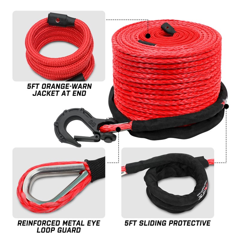 XPV AUTO XPV 3/8" x 100ft Synthetic Winch Rope 23,809lbs Dyneema Winch Line Cable Rope with Hook and Sleeve Protection Red - Image 2