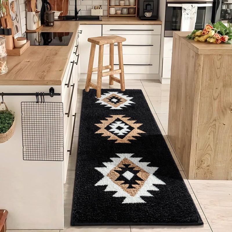 DEXDE Bathroom Runner Rug 24x60 Inch, Boho Long Bath Mat Rug for Bathroom Bedroom Hallway Kitchen Luxury Soft Absorbent Large Modern Geometric Carpet Western Farmhouse Carpet, Black - Image 1