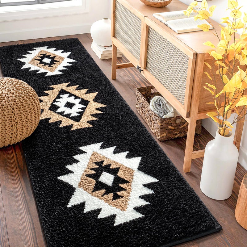 DEXDE Bathroom Runner Rug 24x60 Inch, Boho Long Bath Mat Rug for Bathroom Bedroom Hallway Kitchen Luxury Soft Absorbent Large Modern Geometric Carpet Western Farmhouse Carpet, Black - Image 3
