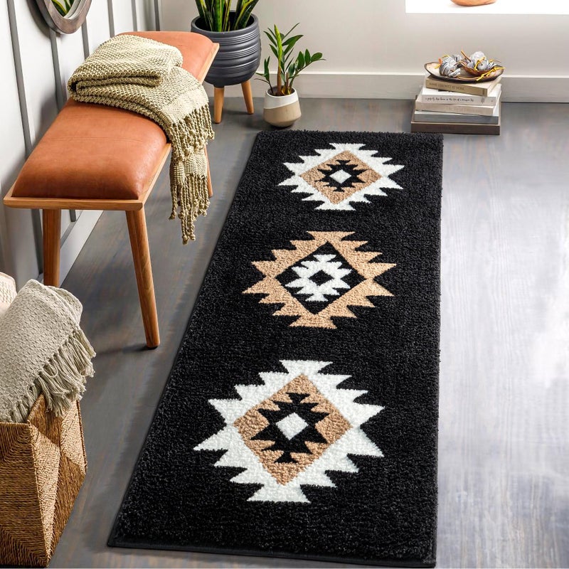 DEXDE Bathroom Runner Rug 24x60 Inch, Boho Long Bath Mat Rug for Bathroom Bedroom Hallway Kitchen Luxury Soft Absorbent Large Modern Geometric Carpet Western Farmhouse Carpet, Black - Image 2