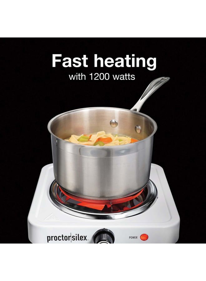 Proctor Silex Electric Stove, Single Burner Cooktop, Compact and Portable, Adjustable Temperature Hot Plate, 1200 Watts, White & Stainless (34106) - Image 2