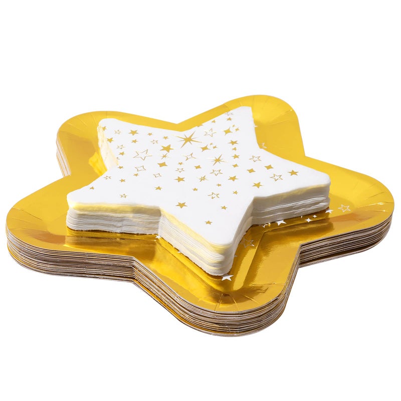 Whaline 24Pcs Pentagram Star Shaped Plates and 24Pcs Star Napkin Waterproof Disposable Tableware Set for Baby Shower Birthday Party Supplies