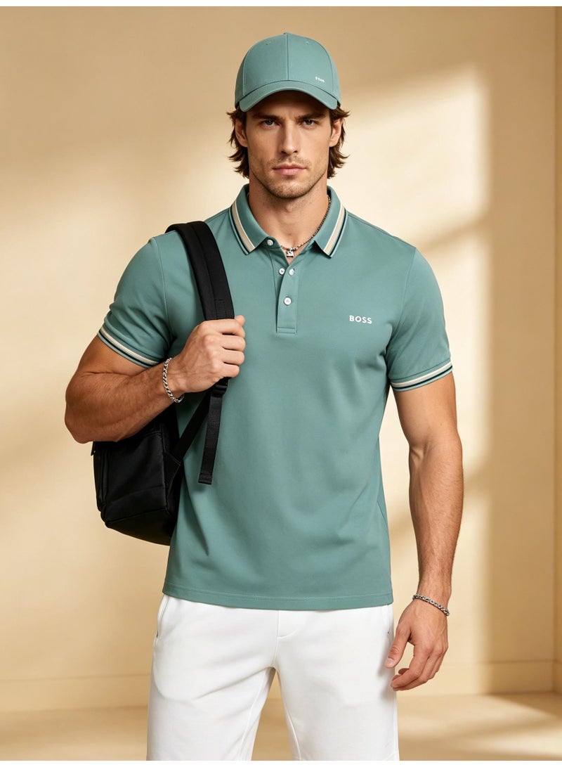 BOSS Men Short Sleeve Striped Collar Polo Shirt Light Summer Daily Top Mint Green - Image 5