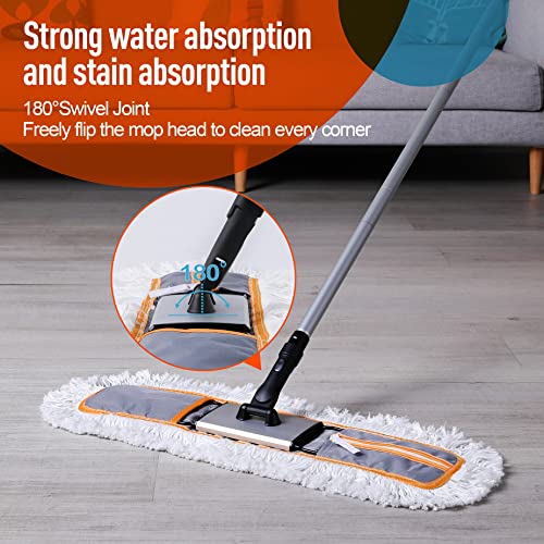 CLEANHOME 24" Commercial Dust Mop for Floor Cleaning, Heavy Duty Sweeper Broom with 2 Microfiber Mop Pads, Wet and Dry Duster Sweeper Broom for Marble, Laminate, Hardwood Floor Cleaning ,Grey - Image 5