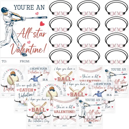 Equsion 36 Set Baseball Valentines Gift Cards and Bracelet for Kids Classroom Valentines Day Exchange Gift Adjustable Sports Bracelet for Boys Girls Party Favor Prizes Supplies - Image 1