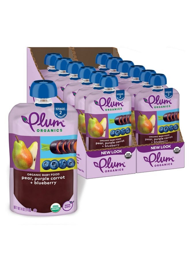 بلام أورجانيكس طعام الأطفال العضوي من Plum Organics المرحلة 2 - الكمثرى والجزر الأرجواني والتوت الأزرق - كيس 4 أونصة (عبوة من 12 قطعة) - كيس طعام الأطفال العضوي من الفاكهة والخضروات  - Image 1