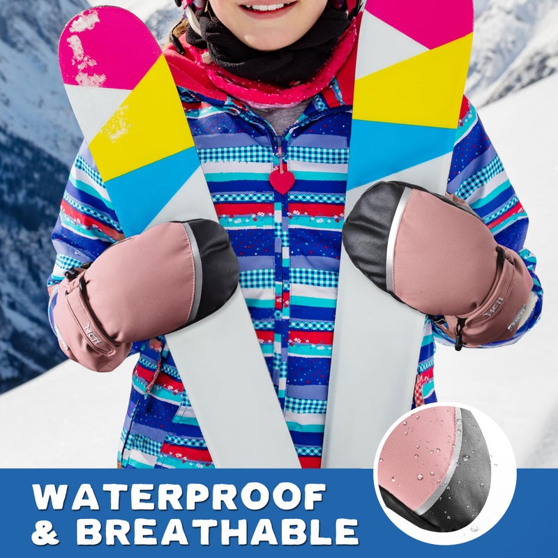 MCTi Kids Mittens Waterproof Winter Ski Warm Sherpa Lined Long Cuff with String - Image 2