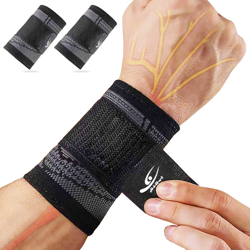 HiRui HiRui Wrist Brace Wrist Wraps Compression Wrist Strap Wrist Support for Work Fitness Weightlifting Sprains Tendonitis Carpal Tunnel Arthritis Pain Relief Adjustable Wristbands 2 PACK Black S