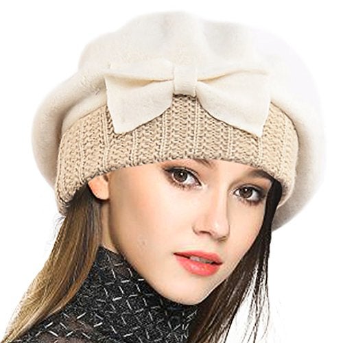 VECRY Lady French Beret 100% Wool Beret Floral Dress Beanie Winter Hat (Bow-Cream) - Image 5