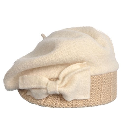 VECRY Lady French Beret 100% Wool Beret Floral Dress Beanie Winter Hat (Bow-Cream) - Image 2