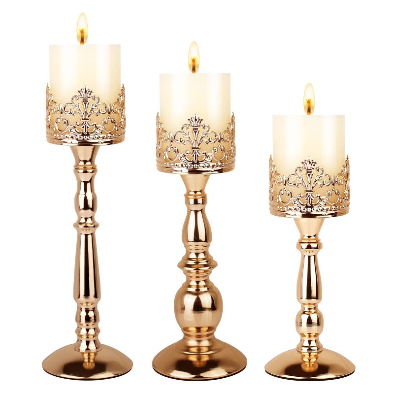 Candle Holders for Pillar Candles Set of 3 Gold Vintage Tall Candle Holders Decorative Large Table Centerpieces Candle Stand Decor