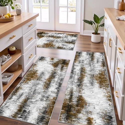Tritard Upgrade Non Slip Kitchen Rugs Sets of 3 Washable Kitchen Mats for Floor Abstract Kitchen Runner Rug Soft Floor Mat Set Kitchen Carpet Rugs for Hallway Laundry Entryway Office Grey Brown - Image 1