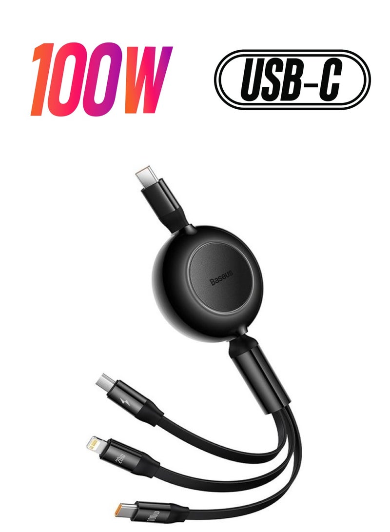 بيسوس شاحن هاتف قابل للسحب 3 في 1 USB C إلى USB C بقوة 100 وات، سلك شحن متعدد مع نوع C/Micro USB/iP لهاتف iPhone 15 Pro/iPhone 15 Pro Max وiPad Pro وMacBook Pro وSamsung S23 S22 S21 1.1M أسود - Image 1
