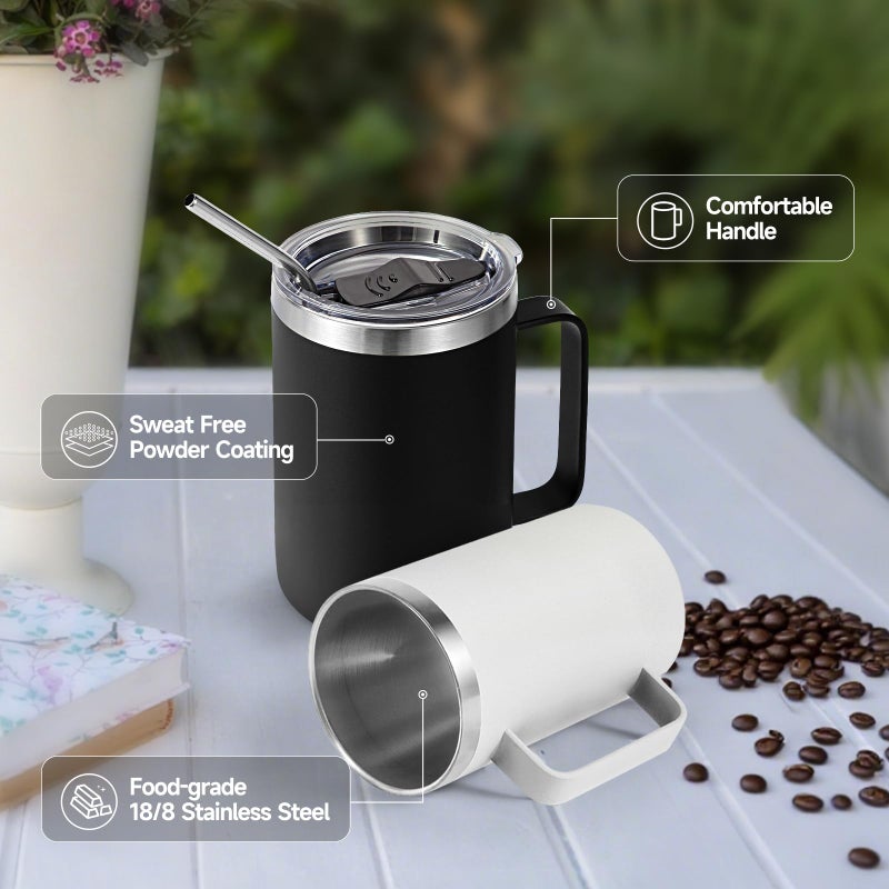 Volhoply 16oz Insulated Coffee Mug with Lid and Straw, Stainless Steel Travel Mugs with Handle, Double Wall Vacuum Leak Proof Coffee Tumbler Cup (Assorted,2) - Image 4