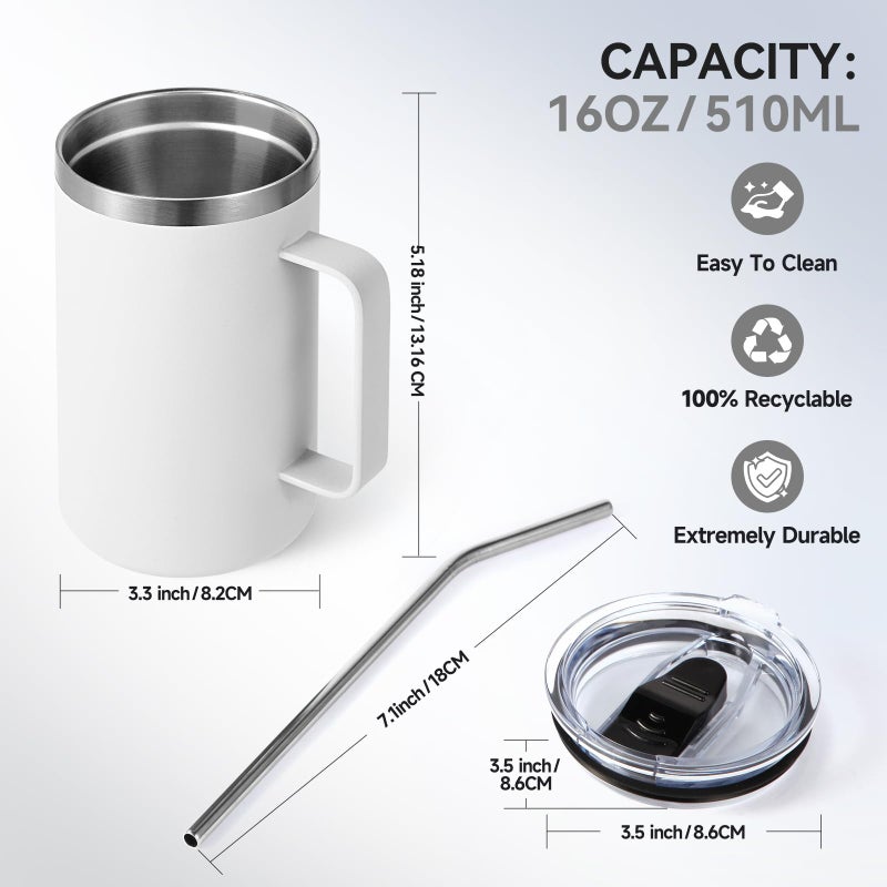 Volhoply 16oz Insulated Coffee Mug with Lid and Straw, Stainless Steel Travel Mugs with Handle, Double Wall Vacuum Leak Proof Coffee Tumbler Cup (Assorted,2) - Image 3