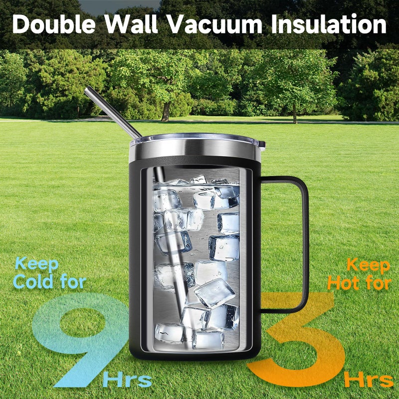 Volhoply 16oz Insulated Coffee Mug with Lid and Straw, Stainless Steel Travel Mugs with Handle, Double Wall Vacuum Leak Proof Coffee Tumbler Cup (Assorted,2) - Image 5