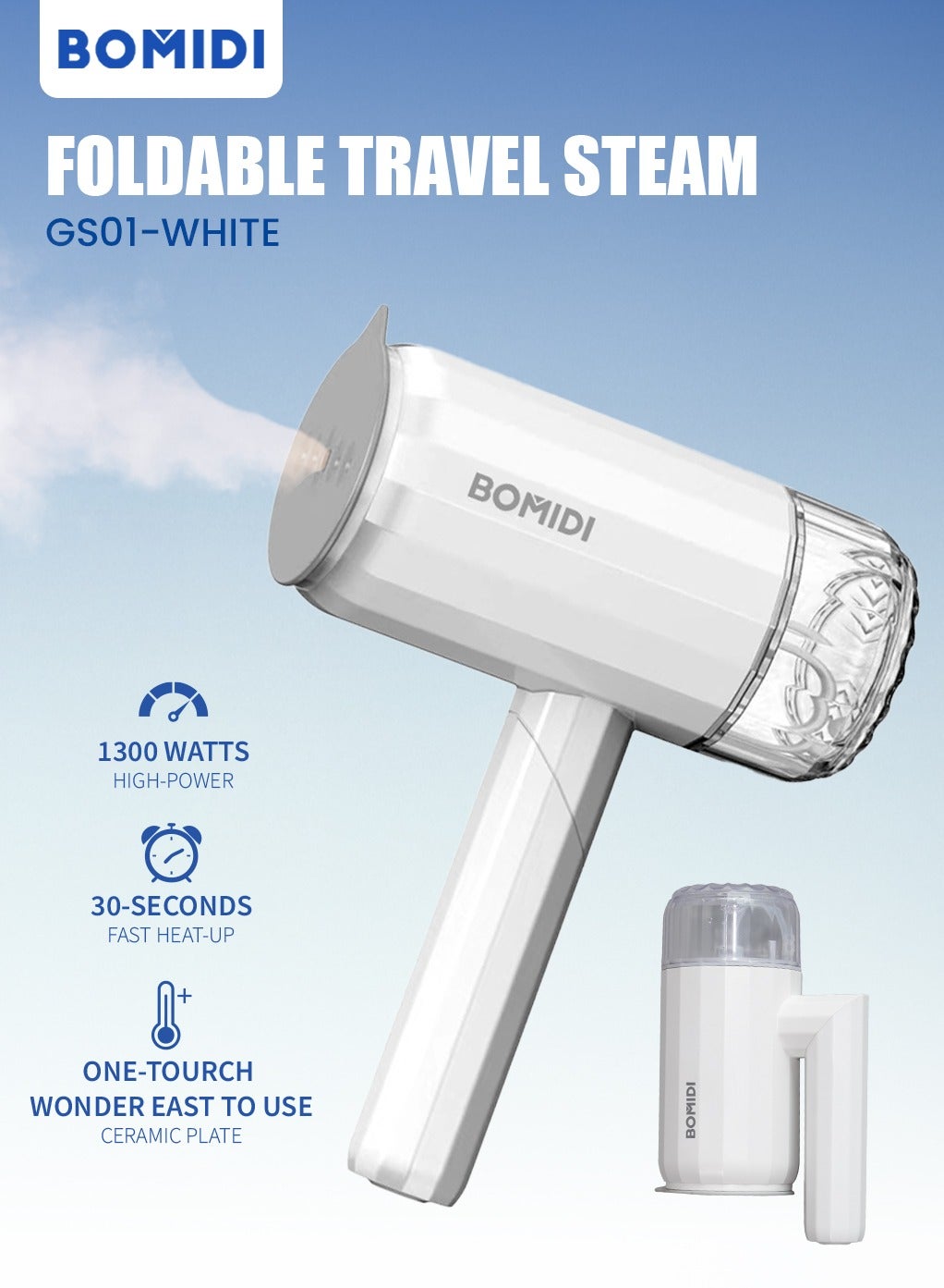 Handheld Steaming Iron – 1200W Powerful Steam, 140 ml Detachable Water Tank, Vertical & Horizontal Steaming, Compact & Portable – White