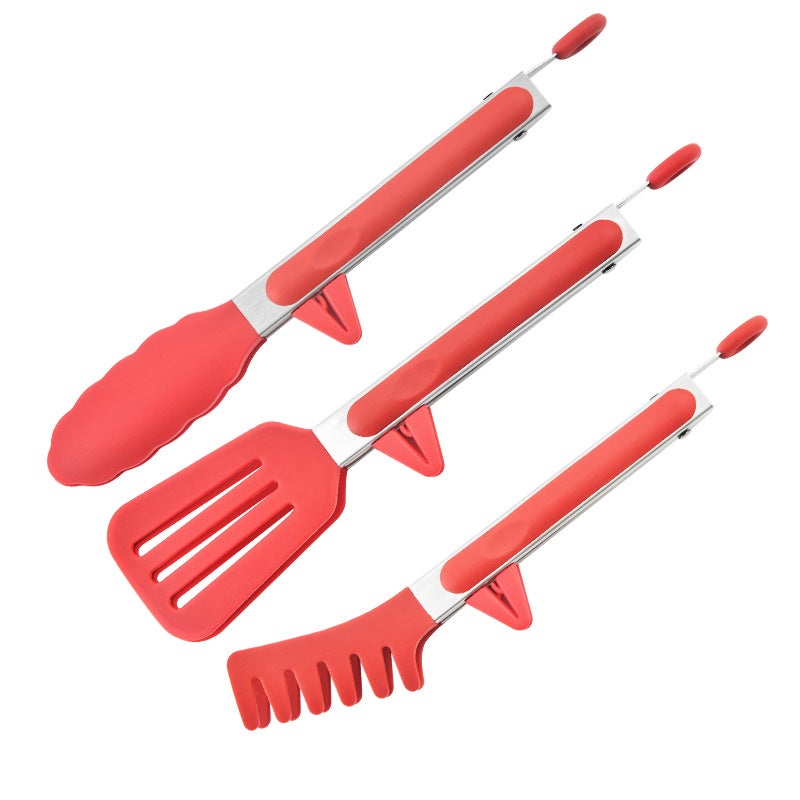 Silicone Kitchen Tongs for BBQ and Buffets Red three-piece set (self-adhesive bag)
