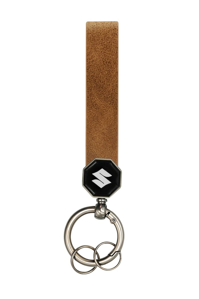 Suzuki Suzuki Leather Keychain 12.5cm x 1.5cm with 360° Rotating Metal Ring, Double Screw Fixing, Durable Brown Leather Strap, Portable Spring Ring, Key Holder for Car, House Keys, and Accessories, Stylish Key Organizer with Suzuki Logo  - Image 1