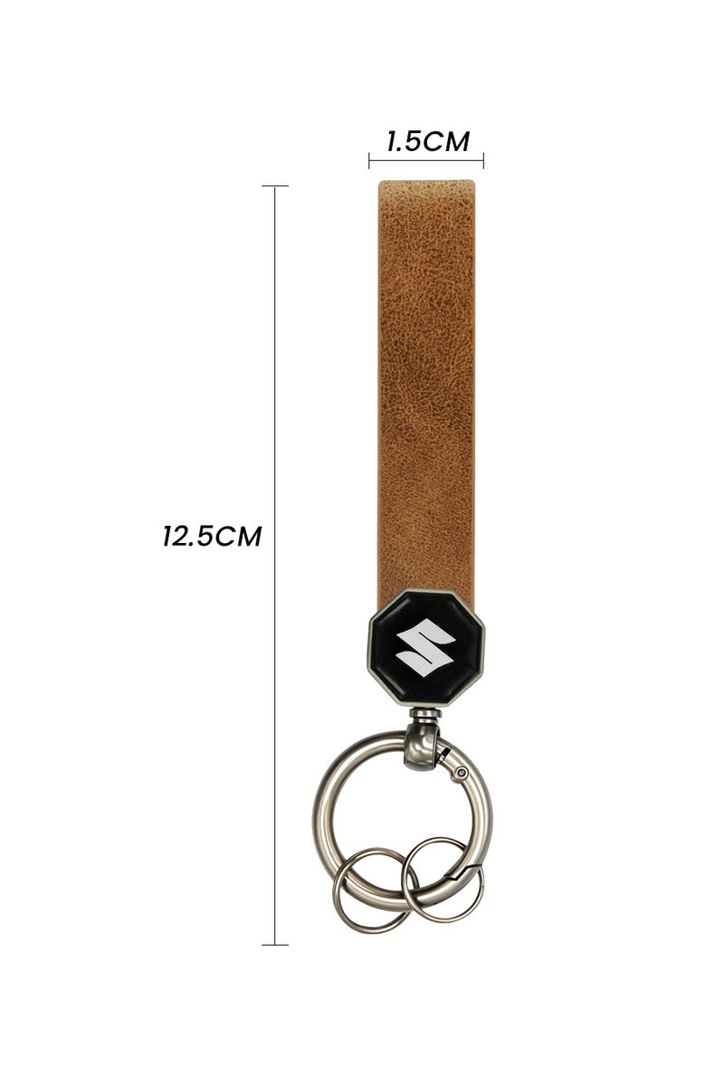 Suzuki Suzuki Leather Keychain 12.5cm x 1.5cm with 360° Rotating Metal Ring, Double Screw Fixing, Durable Brown Leather Strap, Portable Spring Ring, Key Holder for Car, House Keys, and Accessories, Stylish Key Organizer with Suzuki Logo  - Image 3