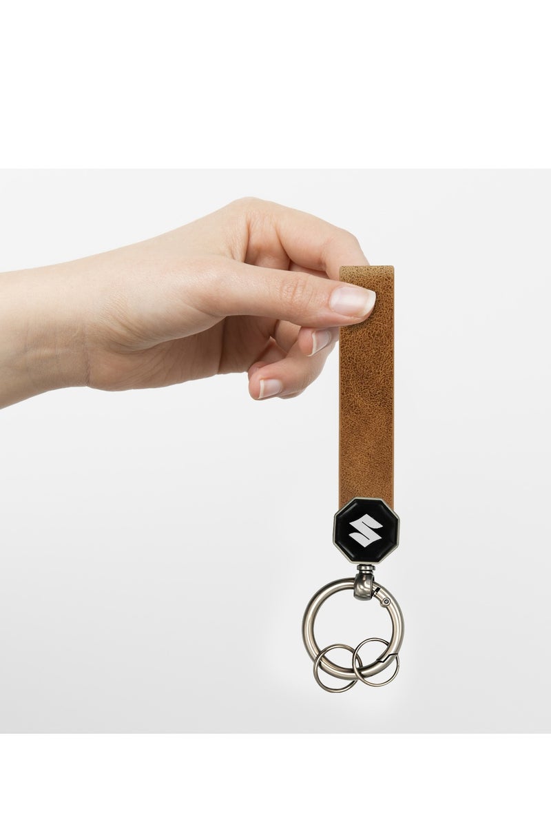 Suzuki Suzuki Leather Keychain 12.5cm x 1.5cm with 360° Rotating Metal Ring, Double Screw Fixing, Durable Brown Leather Strap, Portable Spring Ring, Key Holder for Car, House Keys, and Accessories, Stylish Key Organizer with Suzuki Logo  - Image 4
